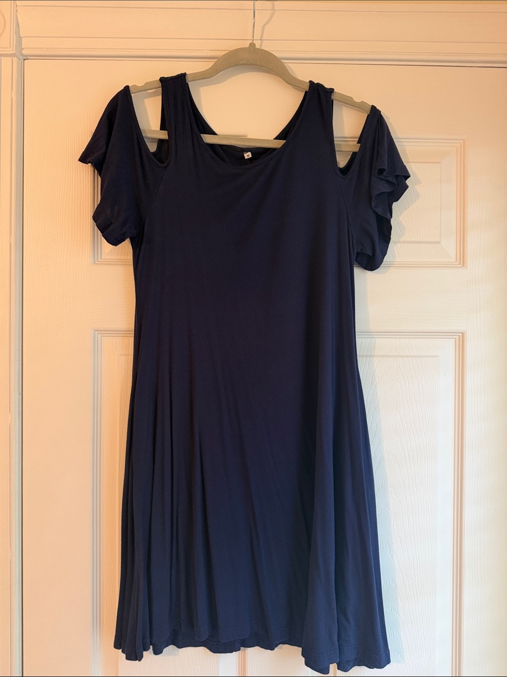 Navy Cold-Shoulder Swing Dress with Pockets